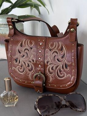 Patricia Nash Tooled Leather Studded Western Boho Crossbody Saddle Bag